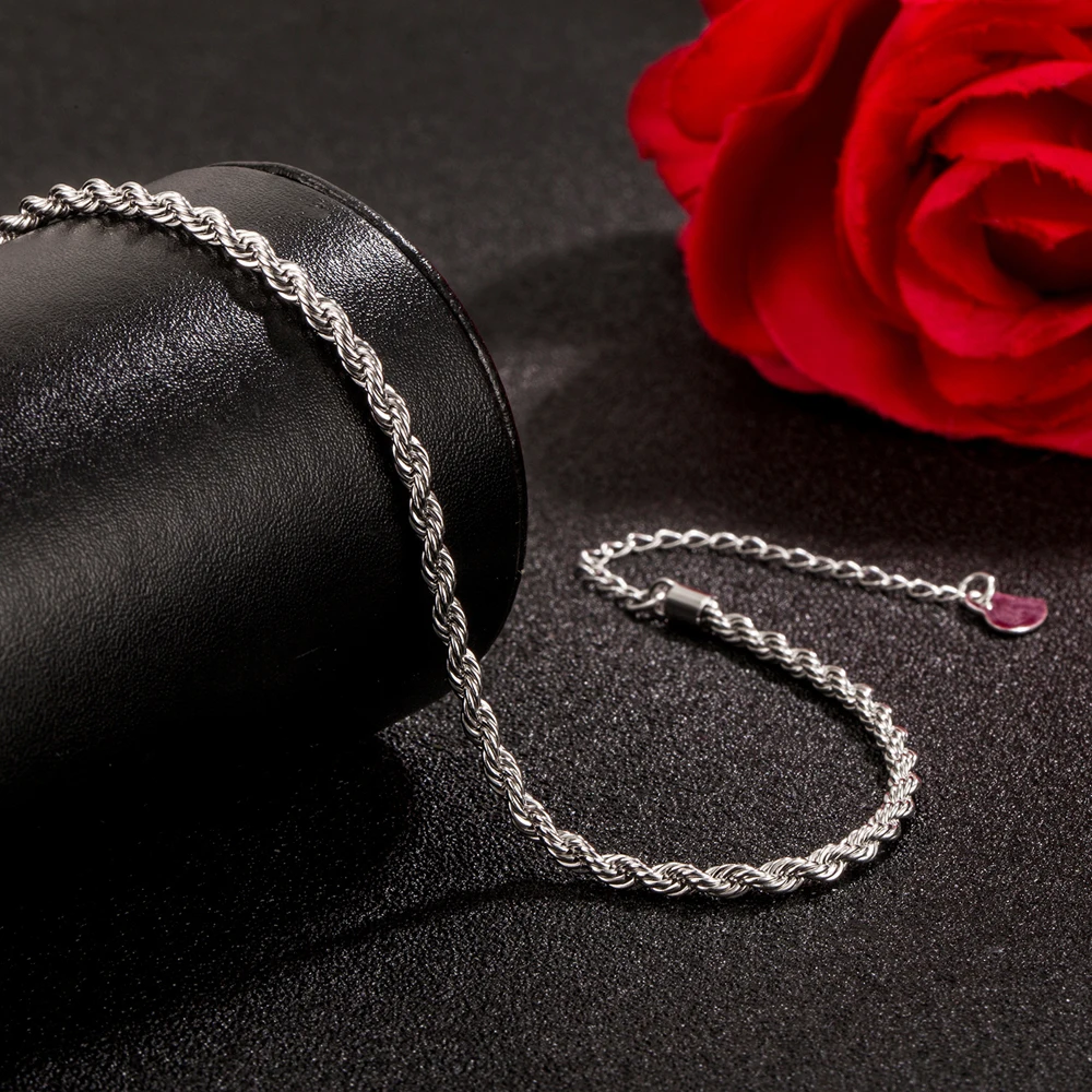 Shining 925 Sterling Silver Chain Anklet for Women Men Fashion Weaving Cross Ankle Bracelet Barefoot Sandals Foot Jewelry Gift 5