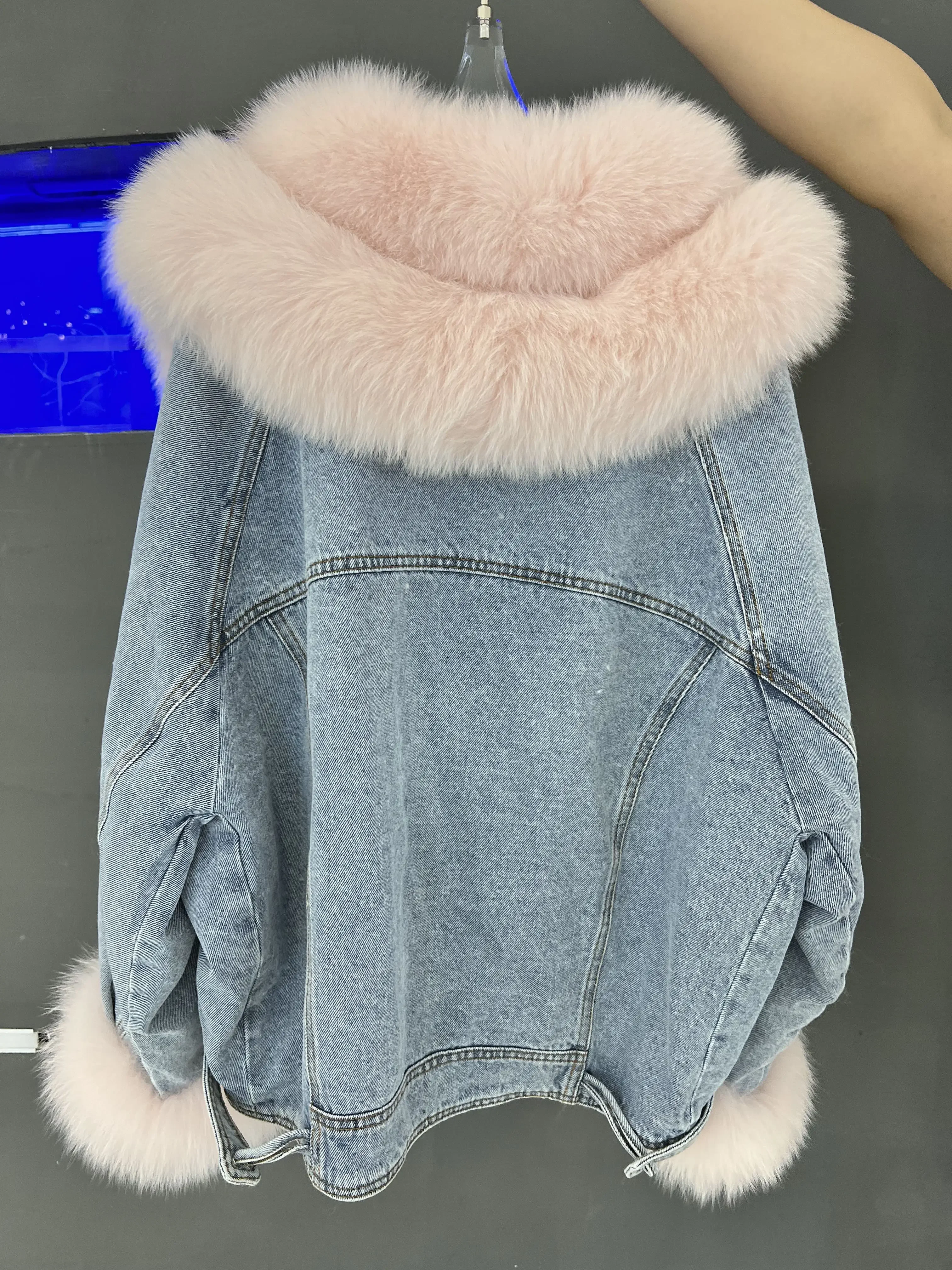 Real Big Fox Fur Collar Cowboy Coat Navy Light Luxury 2023 New Thick Warm Fluffy Fur Casual Knitted Goose Down Jacket for Women