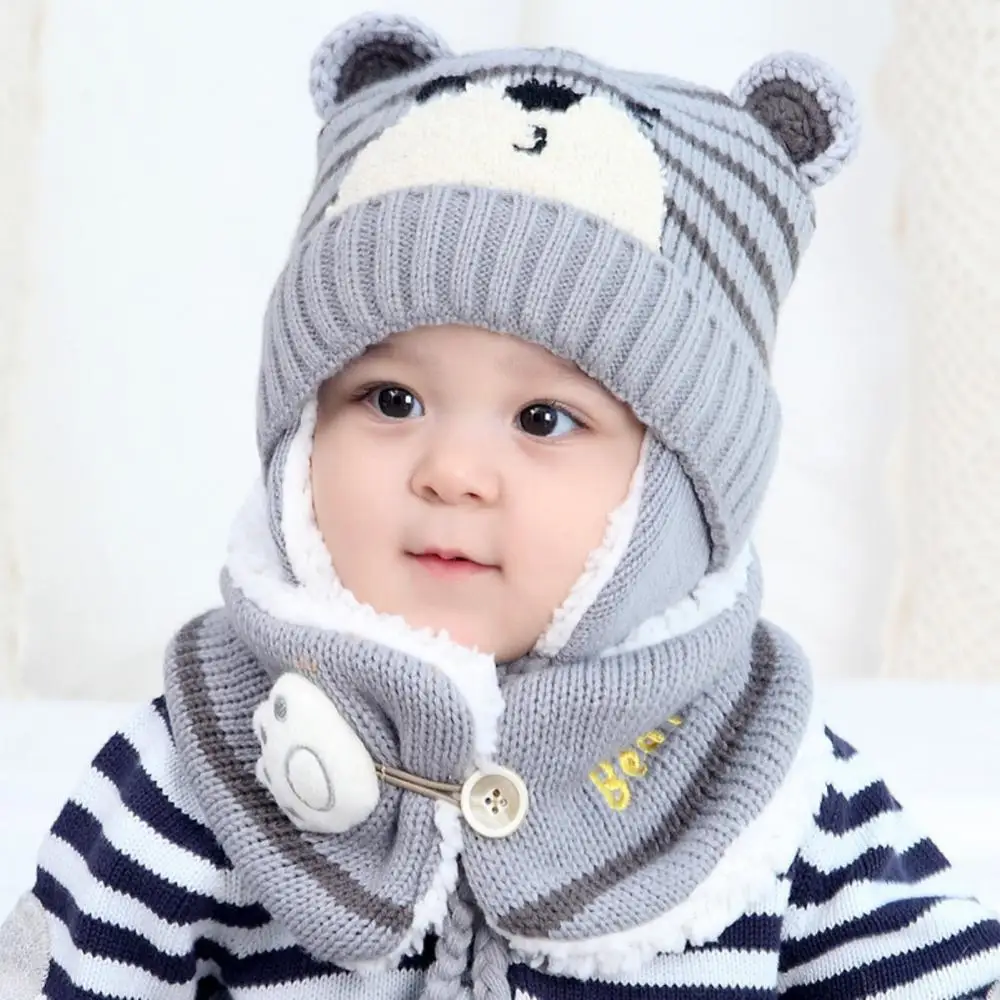 

Winter Kids Plus Fleece Beanie Hats Thick Warm Knitted Balaclava Cap For Child Outdoor Girls Boys Face Cover Hairball Bib Mask