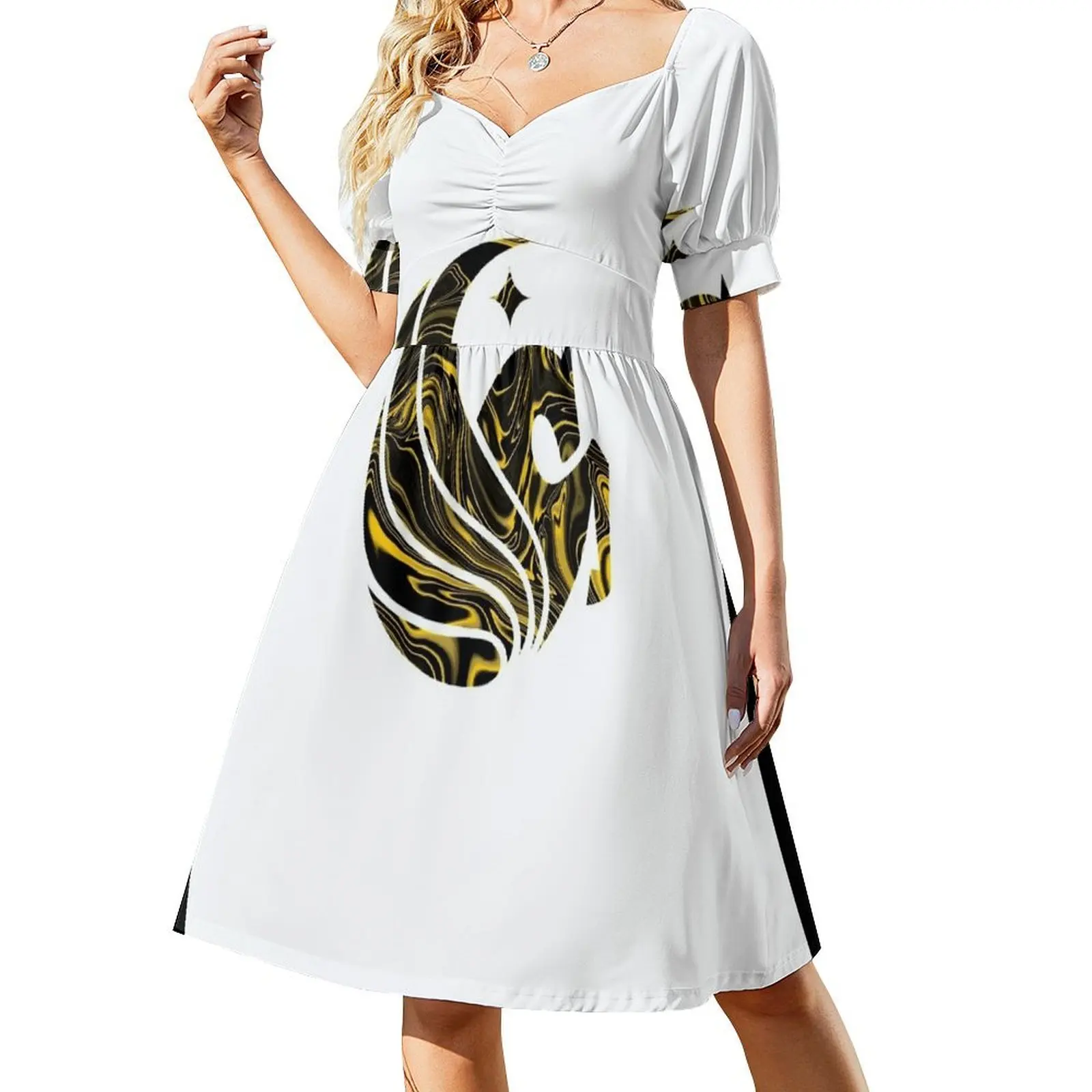 thumbnail image 1 of UCF mármol negro y dorado pegasus vestido de manga corta ropa de mujer elegante vestidos de mujer promoción, 1 of 7