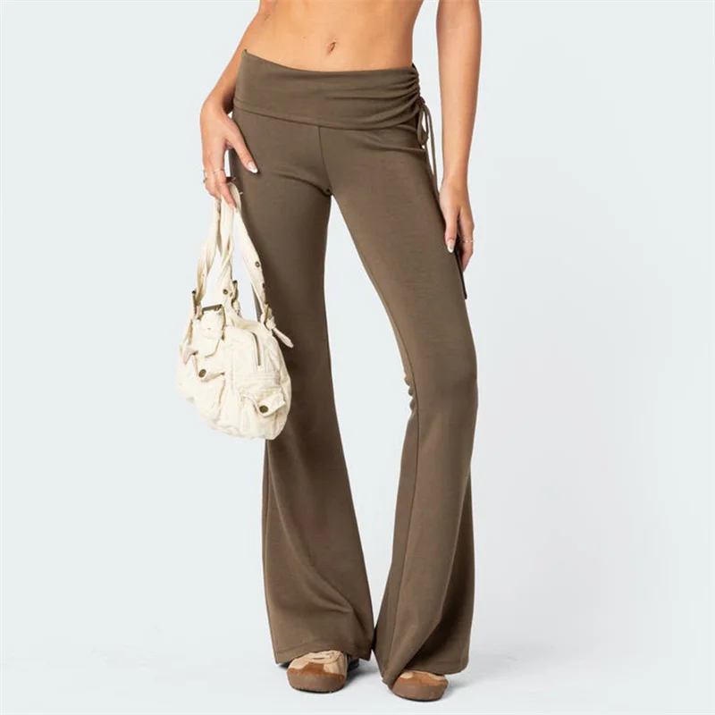 

Drawstring Flared Low Waist Pants 2000s Women Aesthetic Solid Color Bell Bottoms Trousers Spring Autumn Sweatpants Bottoms