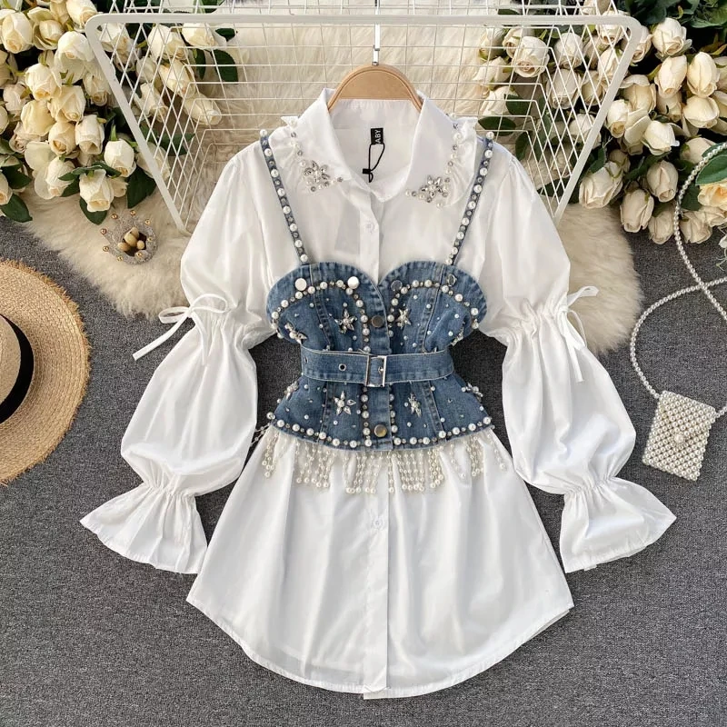 

2022 New Summer Blouse Women's Diamond Beaded Puff Sleeve Blusa Top Tassel Pearl Sling Waistcoat Two Piece Sets Stacking Shirt