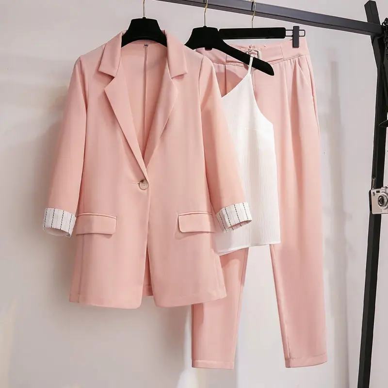 Women's Spring Summer Thin Blazer Pants 3 Pcs Set Korean Office Lady Work Graceful Suit Coat Trousers Vest Outfits Daily Clothes