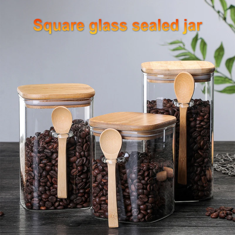 

Square Storage Bottle Coffee Bean Vacuum Sealing Jar Glass Storage Jar Kitchen Food Storage Container with Wooden Lid and Spoon