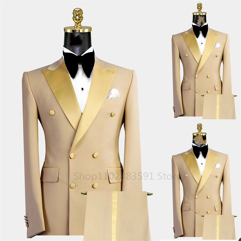 Men's Suit Double breasted Tuxedos Formal Slim Fit Notch Lapel Party Solid Groom Khaki Suits For Wedding 2 Pieces（Blazer+Pants）