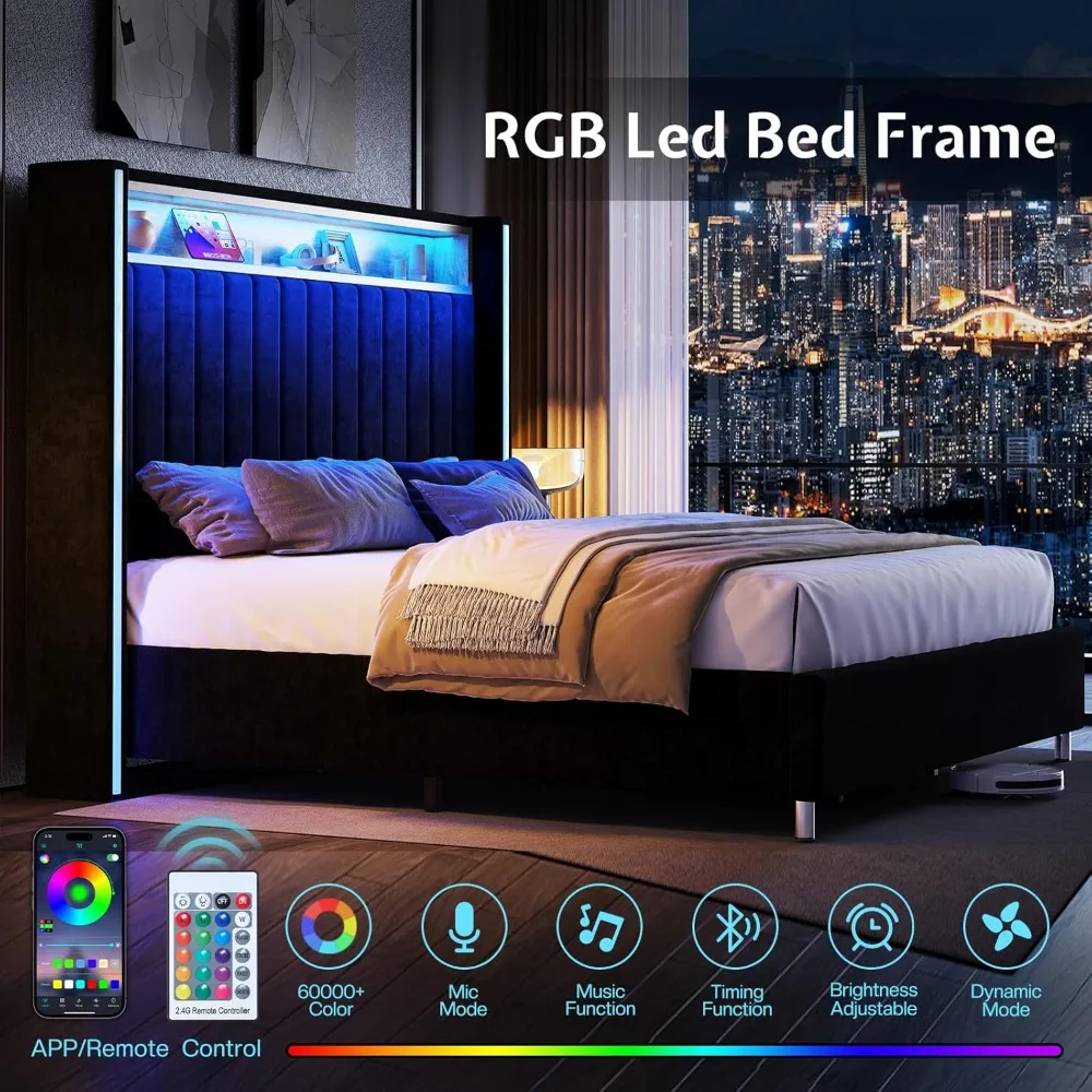 Jocisland Queen Size Bed Frame with LED Lights and Charging Station, Velvet Upholstered Platform Bed with 53" Tall Storage Headb 3