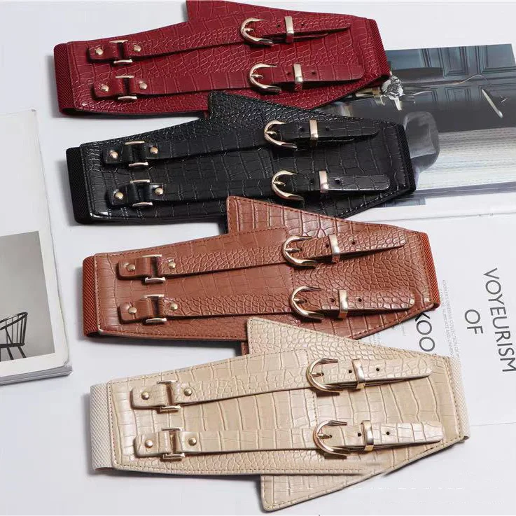 

Deepeel 75cm Fashion Crocodile Pattern Super Wide Leather Belt Elastic Cummerbunds for Woman Corset Dress Shirt Luxury Waistband