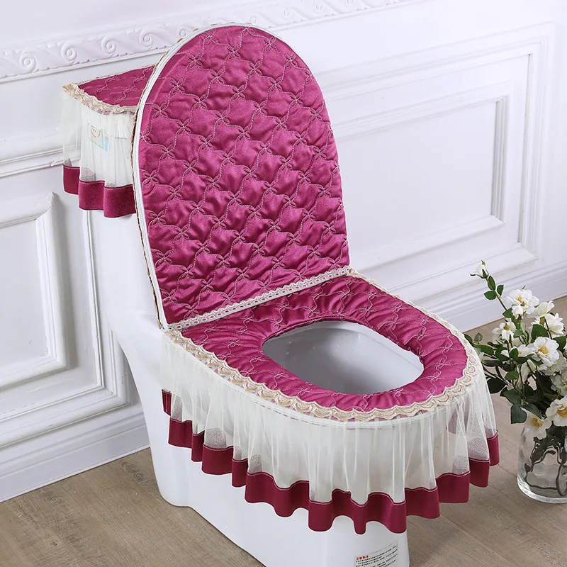 3 Pcs Set European Style Toilet Mat toilet seat cover toilet mat toilet mat set Four Seasons Universal Dust-proof Toilet Cover Zippered Lace Hem Ring Covers