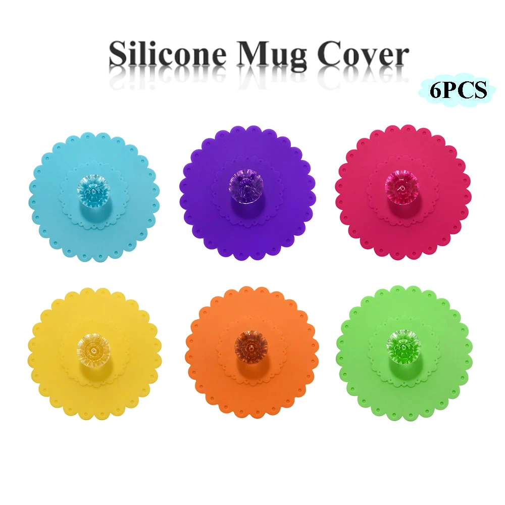 Silicone 6Pcs 11CM Transparent Diamond With Flower Pattern Cup Lids Dust-Proof Silicone Mug Cover Bright Color Drink Cup Lid