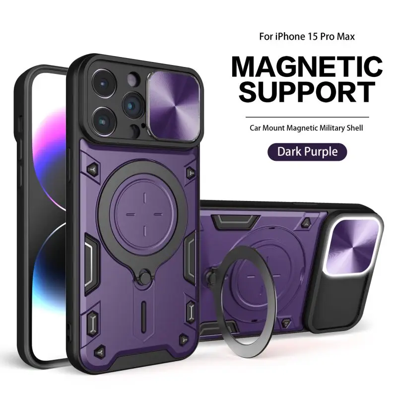 Slide Camera Shockproof Armor Case with Ring Holder and Magnetic Back Cover