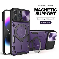 Slide Camera Shockproof Armor Case with Ring Holder and Magnetic Back Cover - iPhone 13 Pro Max (PURPLE)
