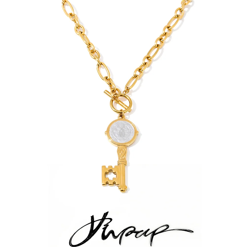 Yhpup Stainless Steel Double-Sided Lock Pendant Necklace 18K PVD Plated
