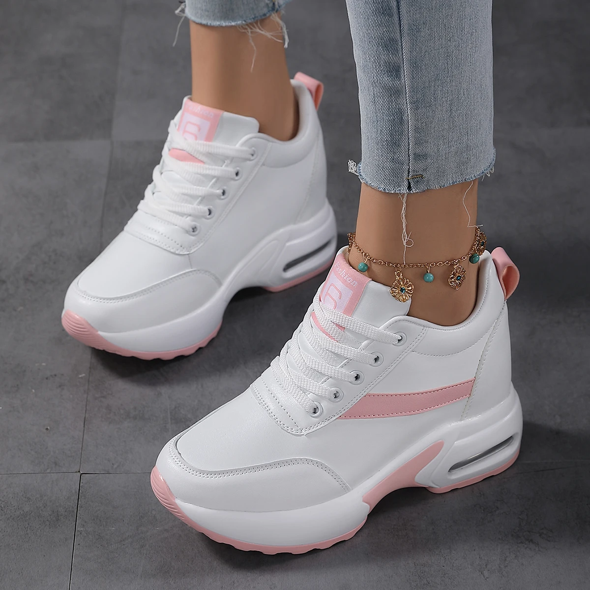 

Women's Platform Sneakers White Wedges High Top Lace Up Girls Shoes Air Cushion Increased Internal Fashion Sneakers Resistant