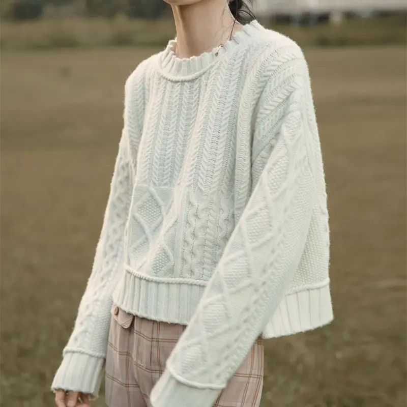 

DAYIFUN French Solid Sweater Women Long Sleeve Fried Dough Twists Knitted Pullover Lady Autumn Winter O-neck Loose Short Jumpers