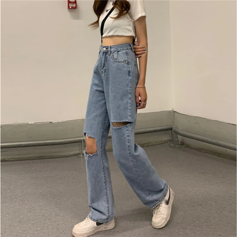 black jeans Light Blue Ripped Jeans Women 2021 New Ins Trendy Wide Leg Loose Straight Pants Casual Hole Streetwear Trousers Mujer Female denim jacket for women