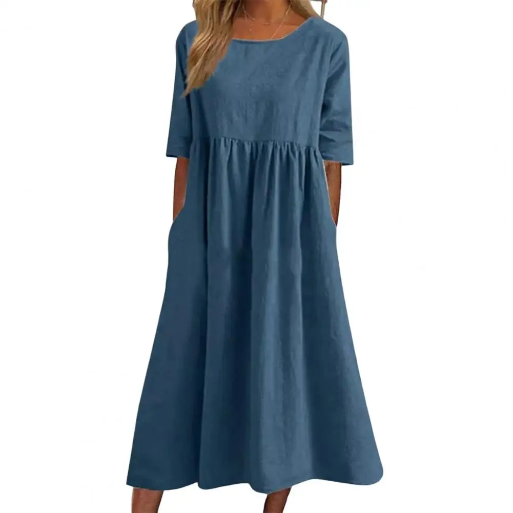 

Женское винтажное платье-миди из хлопка и льна, однотонное Простое Повседневное Плиссированное пляжное платье большого размера с коротким рукавом в уличном стиле, лето