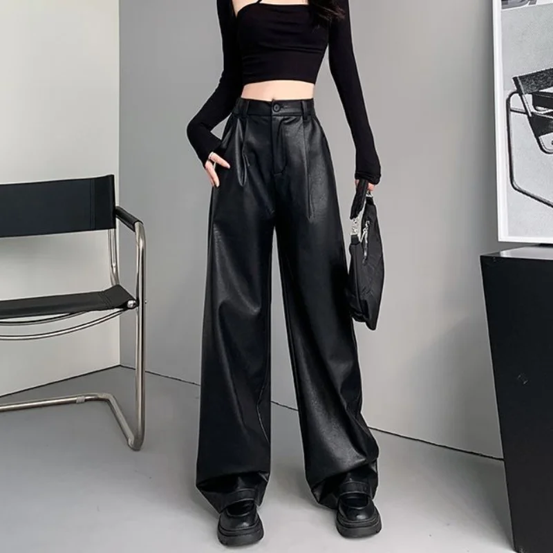Women's Autumn Winter Korean New High Waist PU Leather Pants Fashion Windproof Warm Button Zipper Loose Versatile Wide Leg Pants