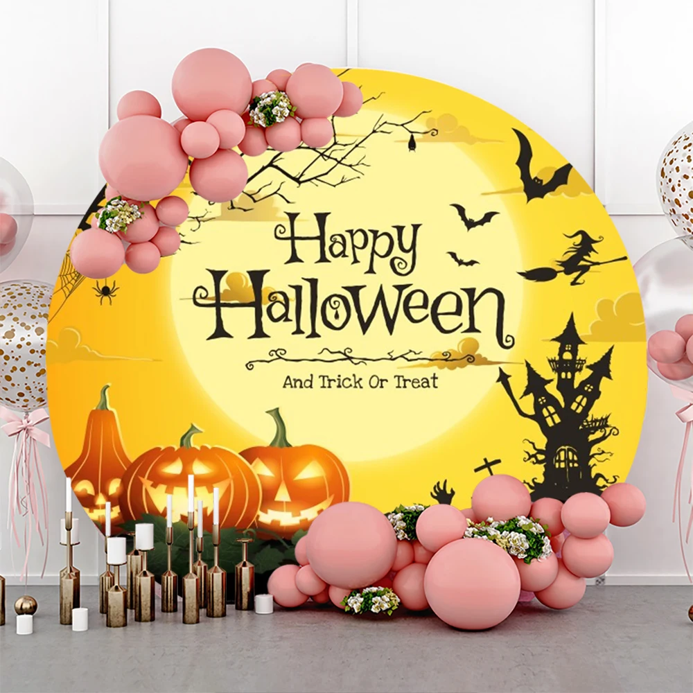 

Круглый фон для фотографий на Хэллоуин оранжевый Луна Тыква фонарь замок летучая мышь кладбище день рождения Фотофон