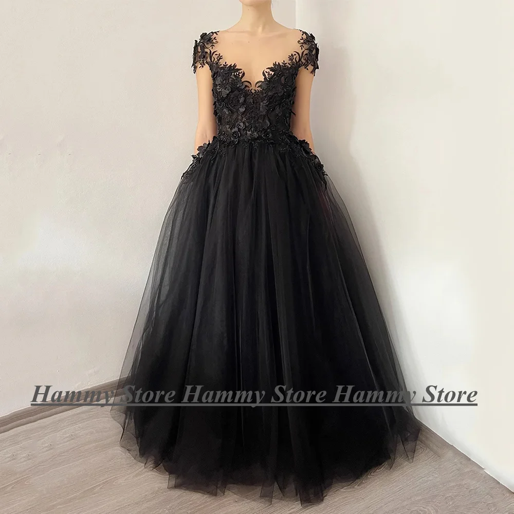 

Sexy Black Wedding Dress Gothic Bridal Gown Cap Sleeve Sheer Scoop Neck 3D Flowes Beading Pearls Floor Length Bride Dresses