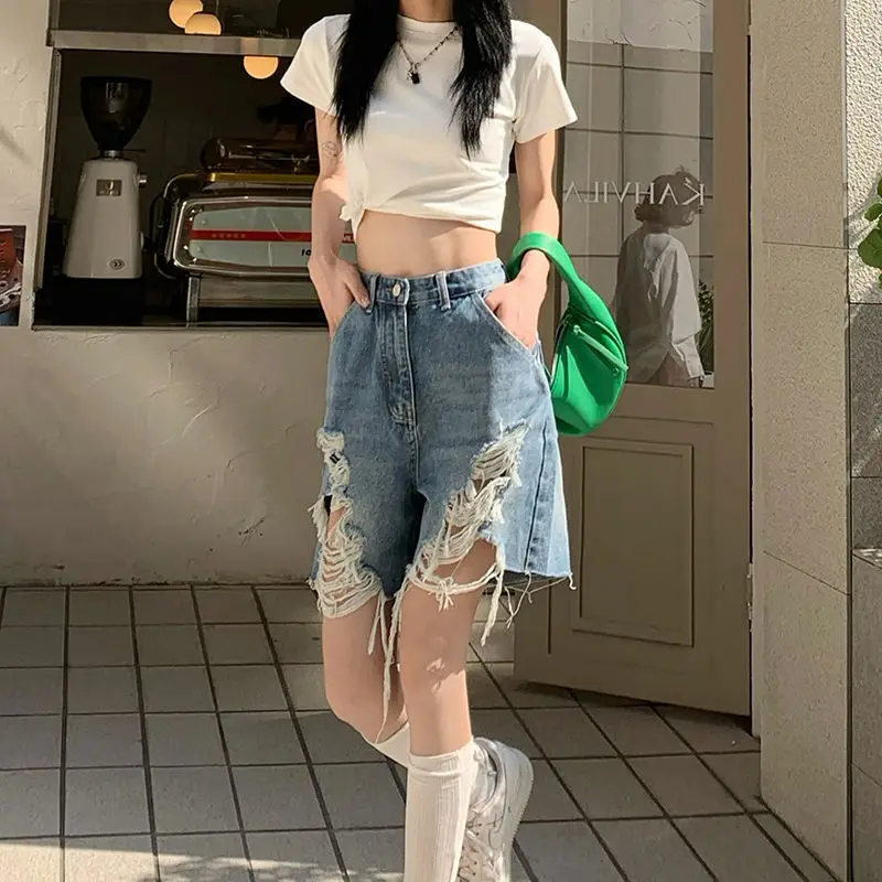 Korean Fashion Irregular Hole Jeans Female Clothing American Retro Summer Thin High Waist Button Zipper Basic Loose Knee Pants
