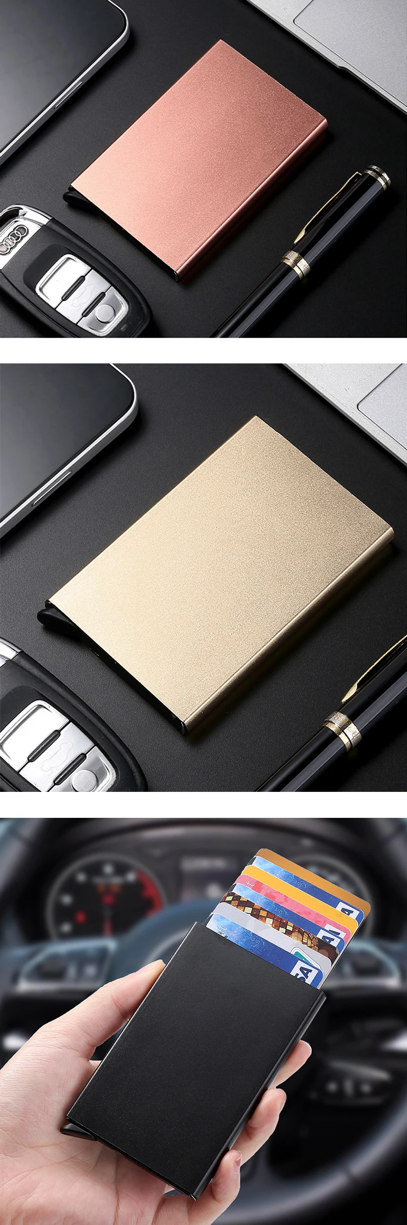 Modischer Schlanker Aluminium RFID-Blockierender Visitenkartenhalter Geldbörse für Männer und Frauen Minimalistisches Automatisches Pop-Up-Design mit Metallkartenetui – Detail 5