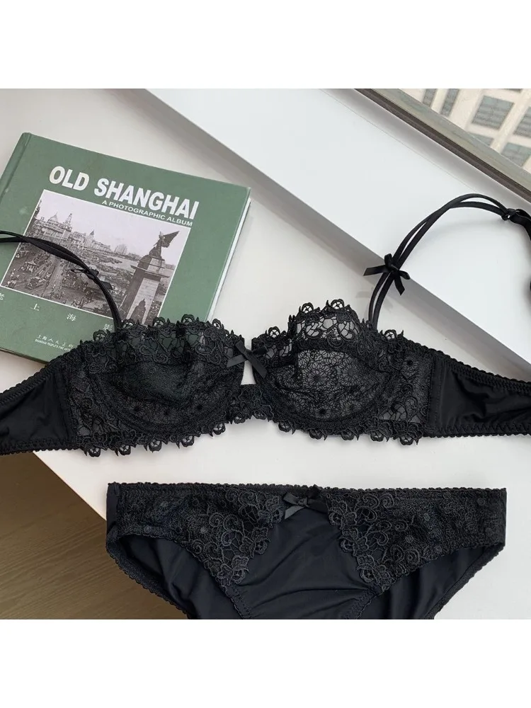 Ensemble de lingerie sexy en dentelle pour femmes grandes tailles, demi-bonnet, ultra-fin, avec cache-tétons, lingerie érotique push-up confortable.