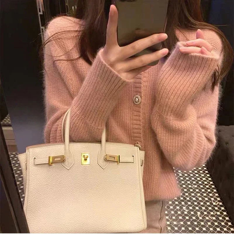 

Lady Fashion Knitted Tops Winter Solid Colors O-Neck Casual Apricot Cardigans Sweet Warm Thick Tops Autumn Women Knit Sweater