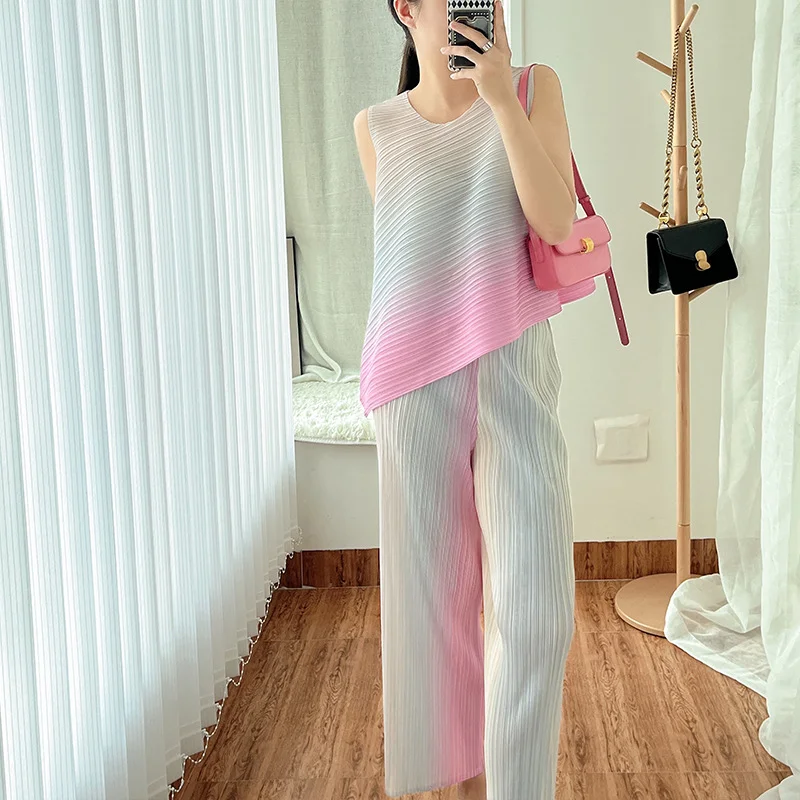 Gradient Colors Pants Two-piece Sets Sleeveless Tops Straight-leg Matching Ankle-length Women Suits Summer Shirt Folds Bottom mid length ethnic style nightdress beach sleeveless summer nightgowns women sleepwear nightshirt loose mother dress