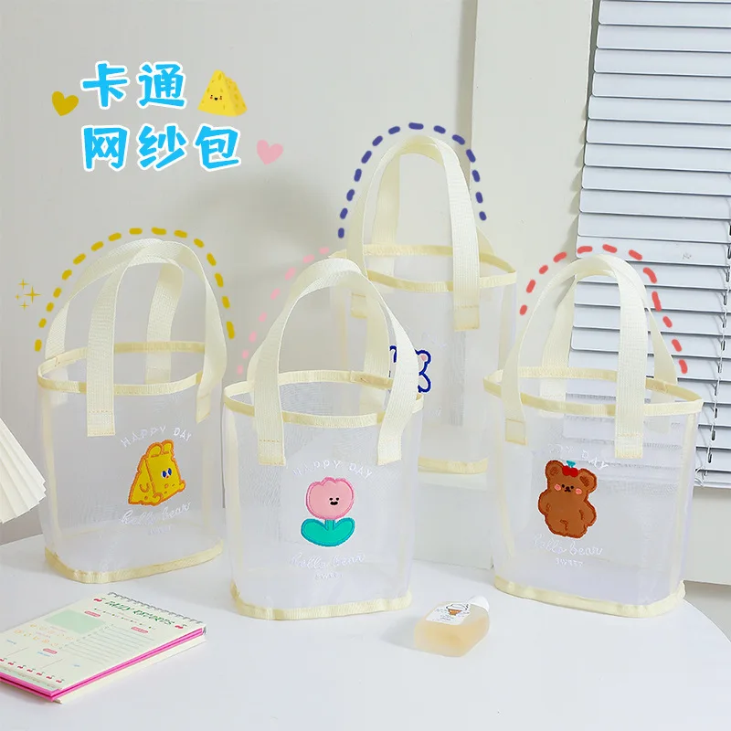 

Summer New Transparent Mesh Handbag Student Cartoon Embroidery Bear Handbag Girl Beach Bag bags for women