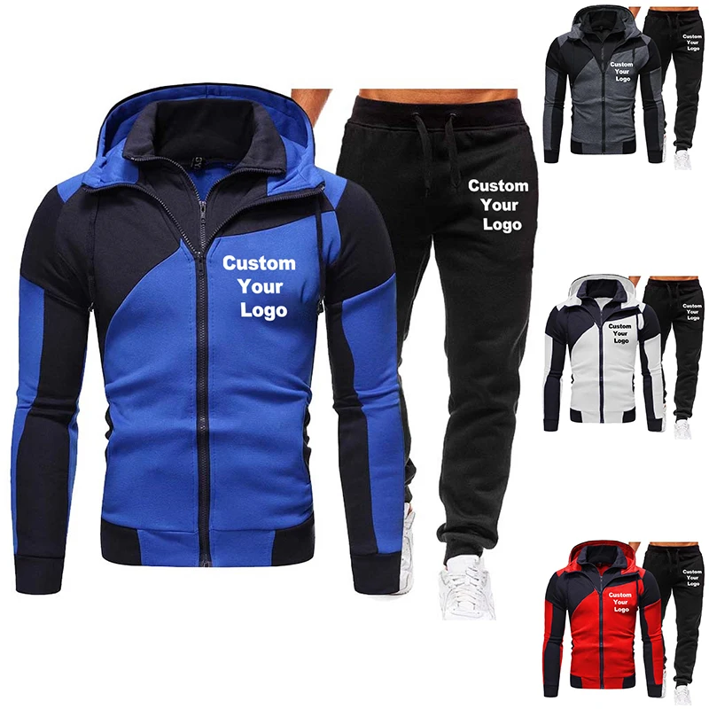 New Custom Logo Spring Autumn Men's Set Sport Suit Male Velour Thick Hoodies+ Pants Sweatshirt Sportswear Tracksuit for Men