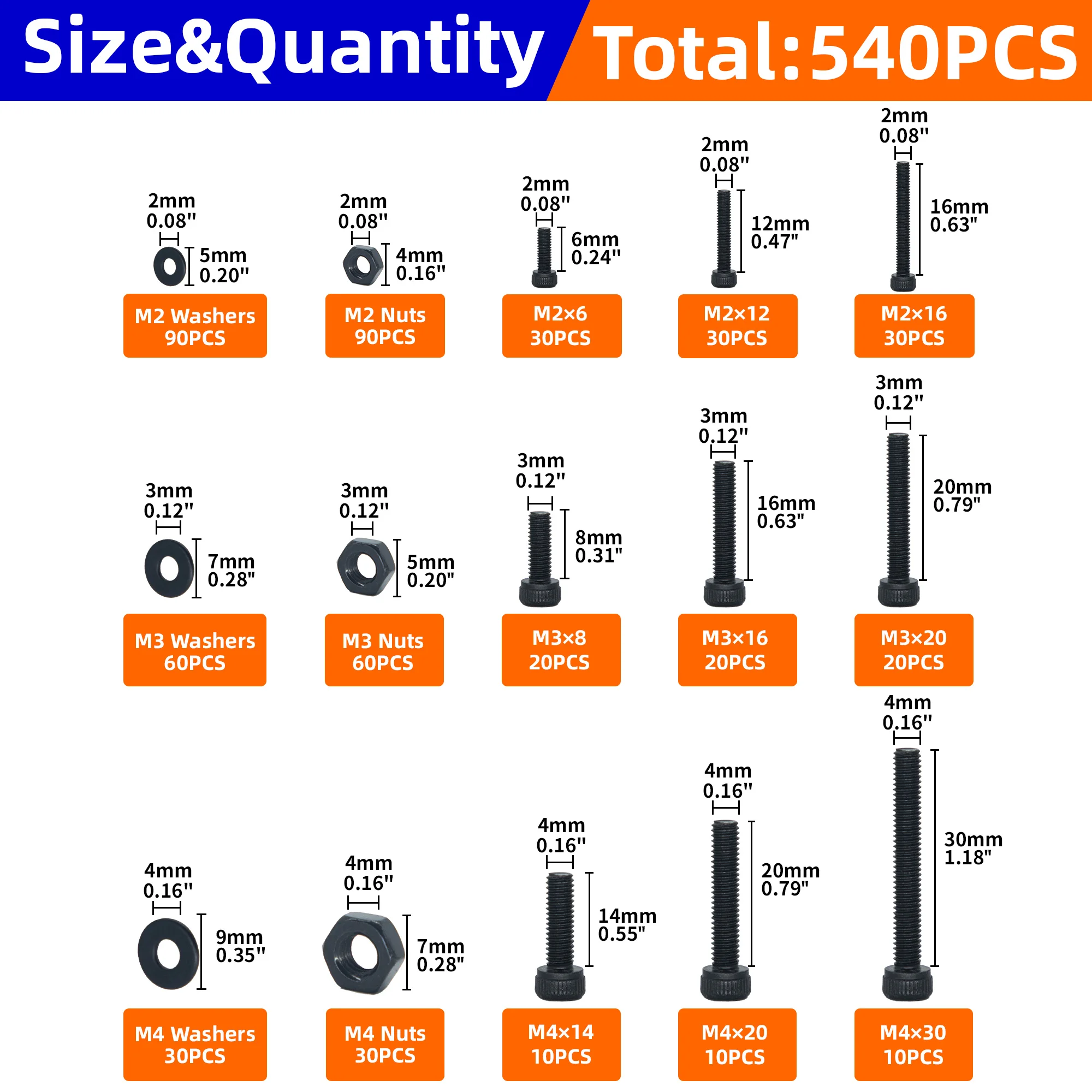 Screw Bolt Nut Set 540pcs/855pcs Metric Machine screws Nuts and Washers Assortment Kit M2 M3 M4 Metric Diy Screw Furniture Bolts