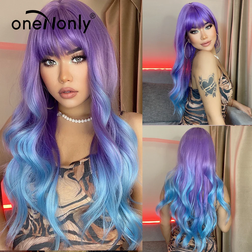 

oneNonly Purple Blue Wig with Bangs Long Wavy Cosplay Lolita Women Wigs Halloween Party High Temperature Hair