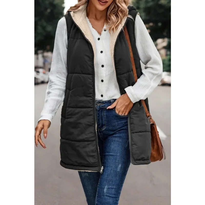 Women's Solid Color Hooded Cotton Coat Vest Winter 2025 New Warm Vest Coat Women's Fashion Sleeveless Zipper Cardigan Vest 1