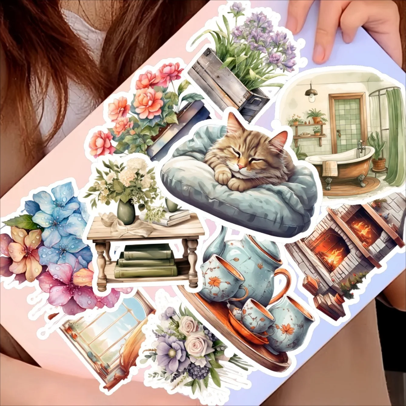 16 Stück süße Aquarell-, grüne Pflanzen, bequemes Leben zu Hause, Junk-Journal-Aufkleber, DIY-Laptop, wasserfeste DIY-Abziehbilder für Schreibwaren