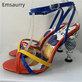 여성용 크리스털 메탈 이상한 힐 샌들, 섹시 크로스 좁은 밴드 프린트, 꽃 색상, 2024 여름 연회 신발