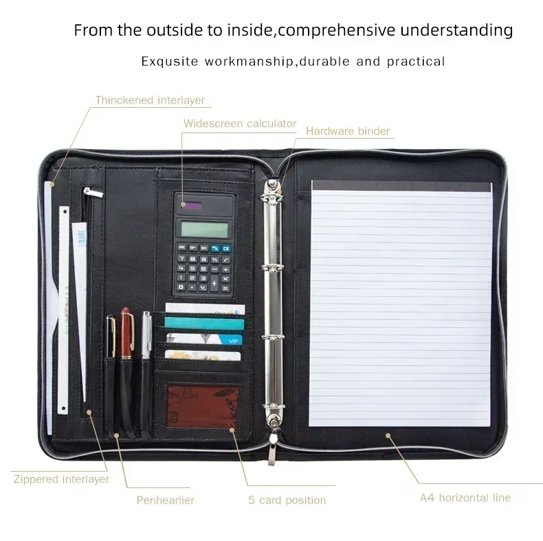 File Portfolio Document Zipper Office Leather PU Folder School Padfolio document bag,leather folder,office padfolio