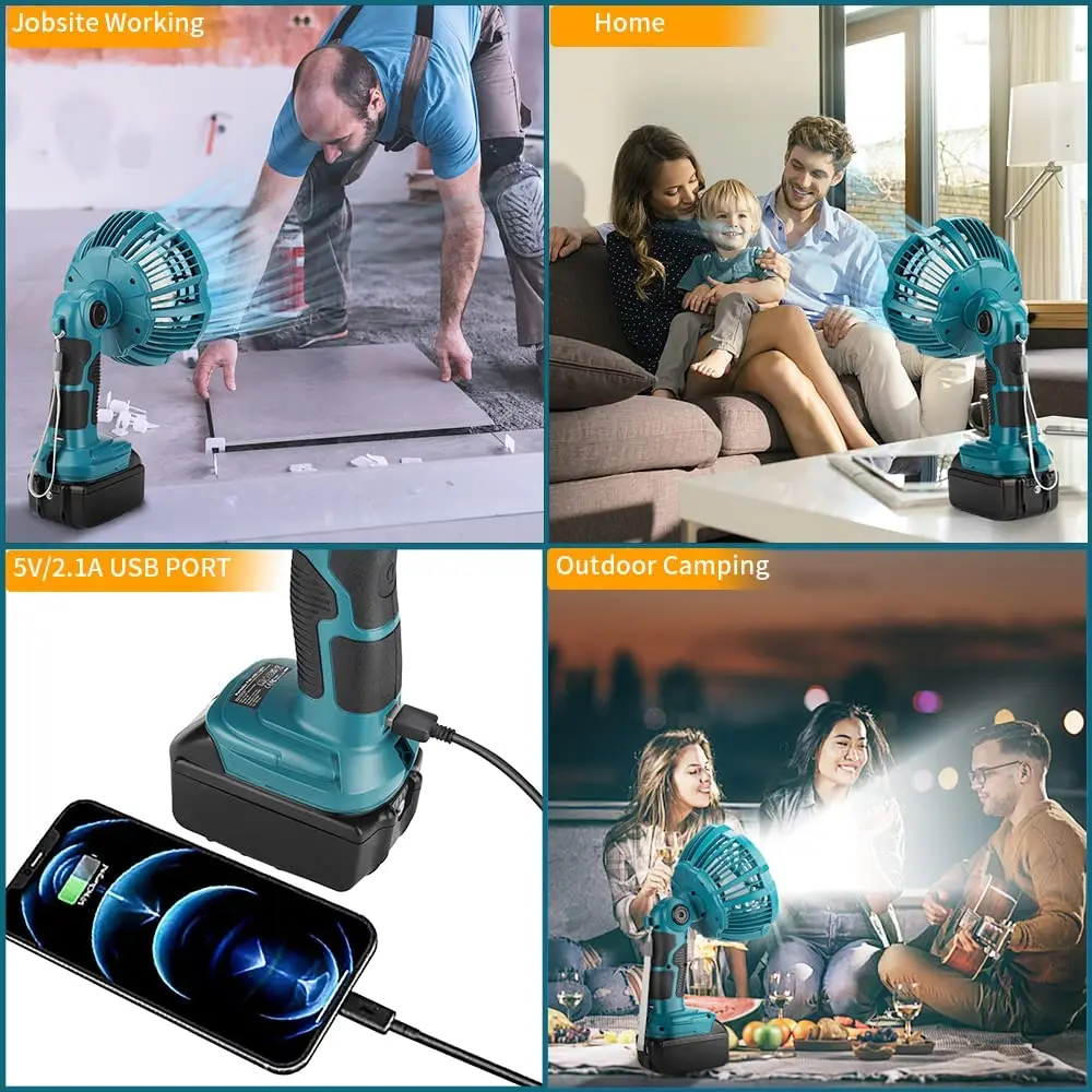 LED 조명 다기능 야외 팬 마키타 18V 무선 팬, 접이식 후크 원격 제어 캠핑 팬