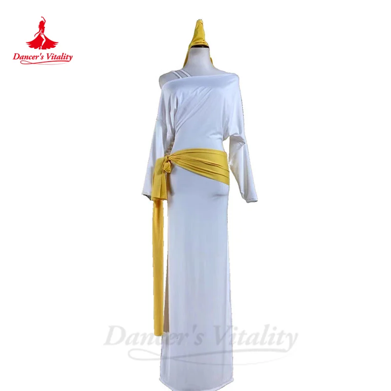 

Набор костюма для танца живота для женщин белый косой плечевой Халат Пояс для оголовья восточные Baladi Saidi Shabbi индивидуальные халаты