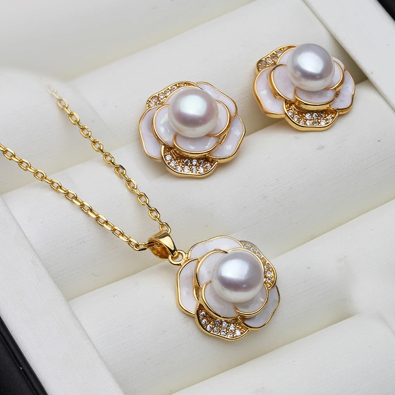 Real Natural Pearl Necklace And Earrings Set For Women,Cute Freshwater Pearl Set Engagement For Customers White Black