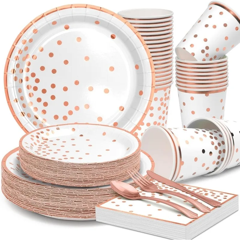 

Paper Plates Tableware Set,Paper Party Supplies Include Disposable Plates,Dessert Plates,Cups,Napkins,Forks,Knives,Spoons