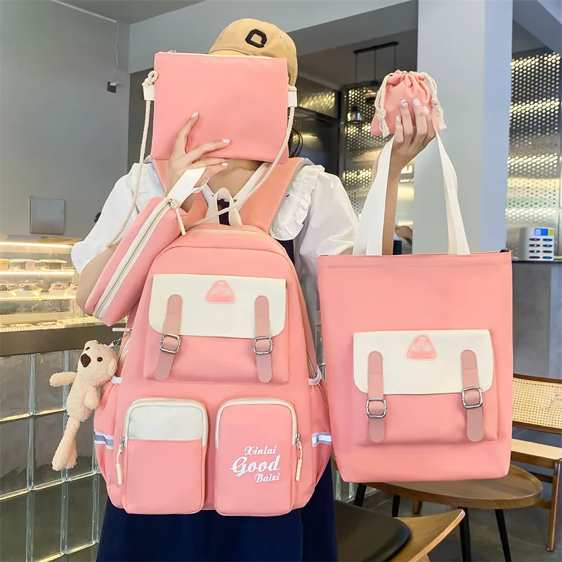 

Wholesale Fashion Girls Backpack Large Capacity Schoolboy Make-Up Bag 5-Piece Set Of Lightweight Korean Campus Schoolbag