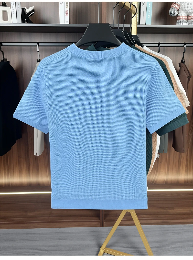 Hochwertiges Gestricktes Kurzarm-T-Shirt für Herren Sommer Trendiges Klassisches Einfarbiges Koreanisches Lässiges Bequemes Atmungsaktives Rundhals-Oberteil – Detail 6