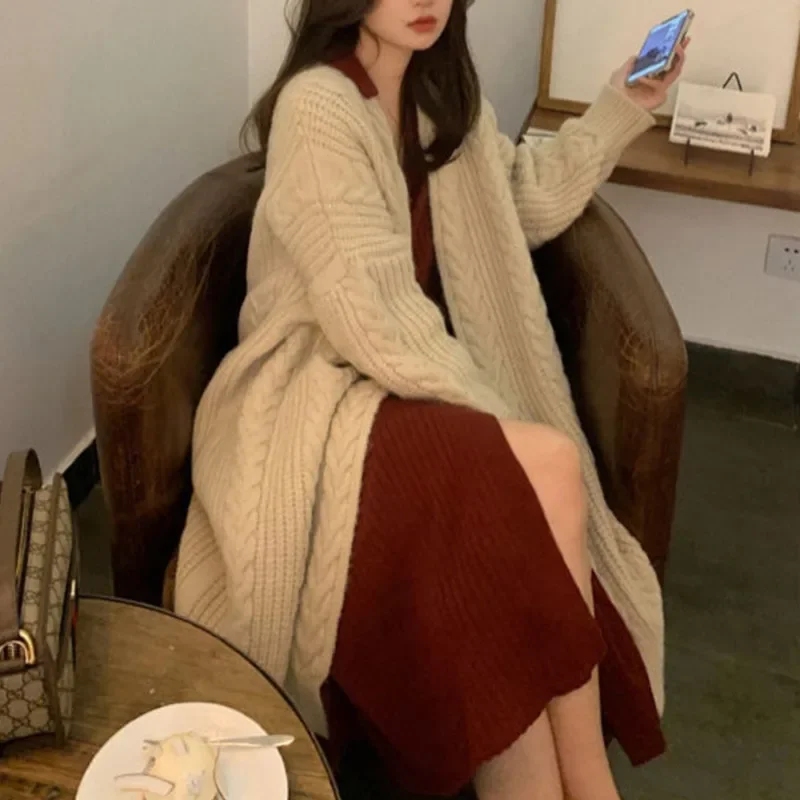 New Women's Knitted Sweater Jacket Retro Cardigan V-neck Loose Long Elegant Office Top Fashion Lady's Clothing