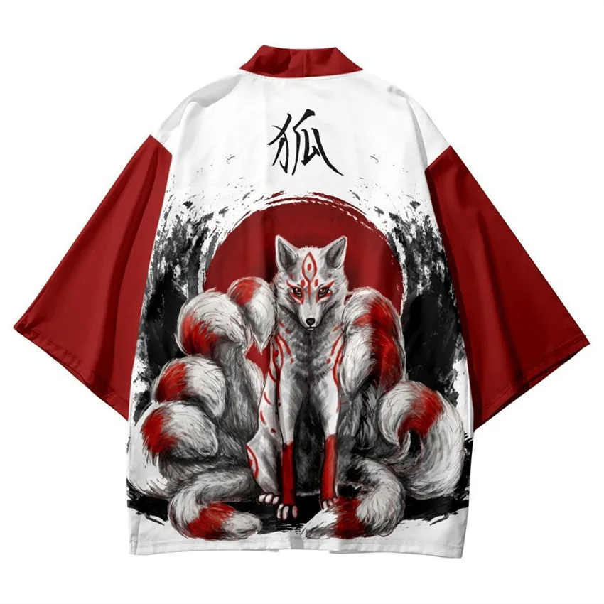 Japanese Kimono Japanese Kimono Cardigan Japanese Kimono Shirt Two piece suit Nine Tailed Fox Printed Kimono Cropped Pants Set Women Men Japanese Haori Streetwear Cardigan Yukata Cosplay