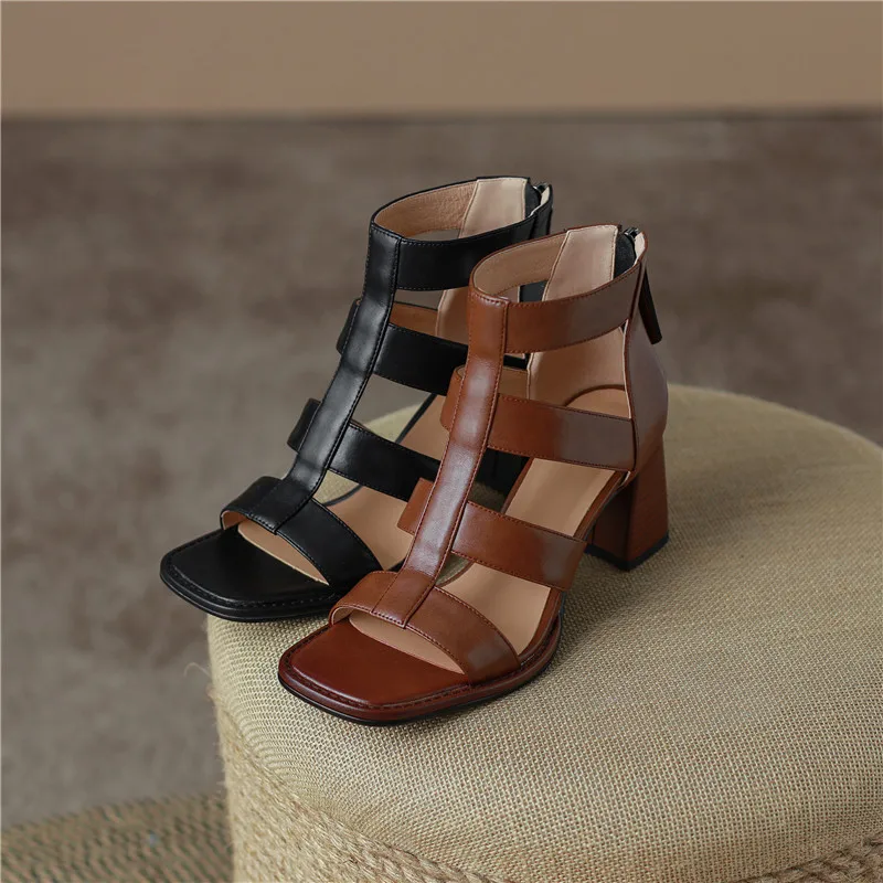 womens sandals eco friendly	 New 2020 Cow Leather Spring Summer Lace-Up Peep Toe Gladiator Sandals Fashion Roman Style Handmade Shoes Square Heel Women Shoes wedge heels
