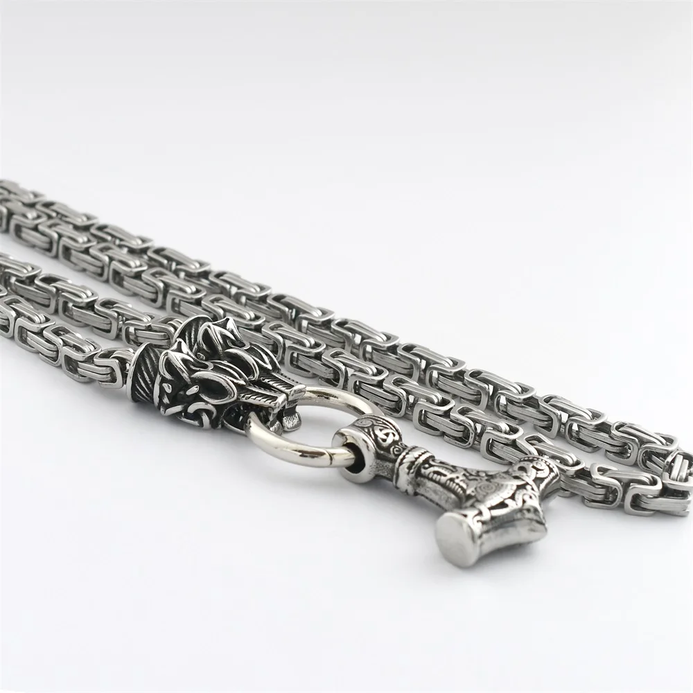Men's Viking New Wolf Head King Chain Necklace Stainless Steel Nordic Thor's Hammer Amulet Pendant Necklace