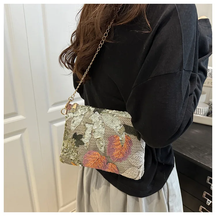 Fashion Sequin Leaf Crossbody Shoulder Bags For Women, Chain Strap Handbags Ladies Clutch Bag For Daily Used, Travel