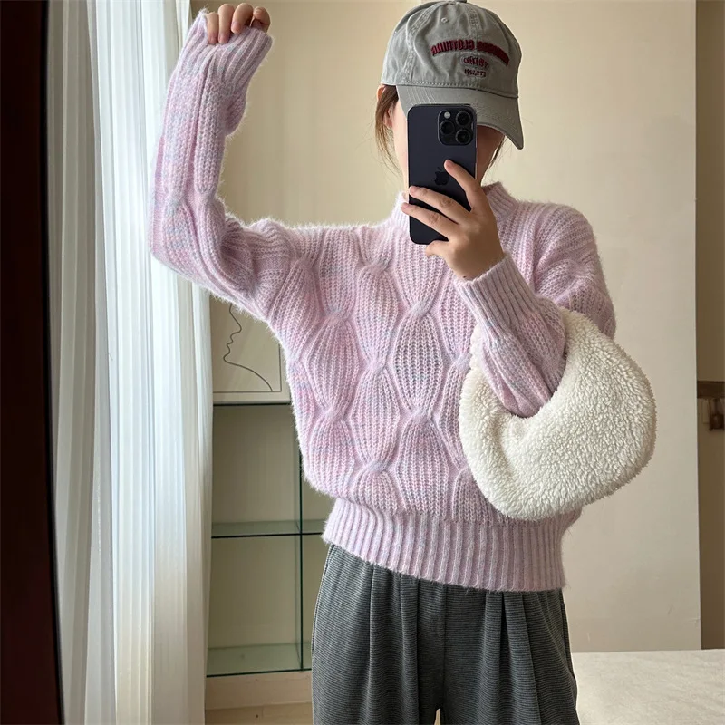 

Women's Solid Color Knitting Sweater Korean Loose Wear Lazy Style Pullover Sweater Round Neck Fried Dough Twists Sweater Women