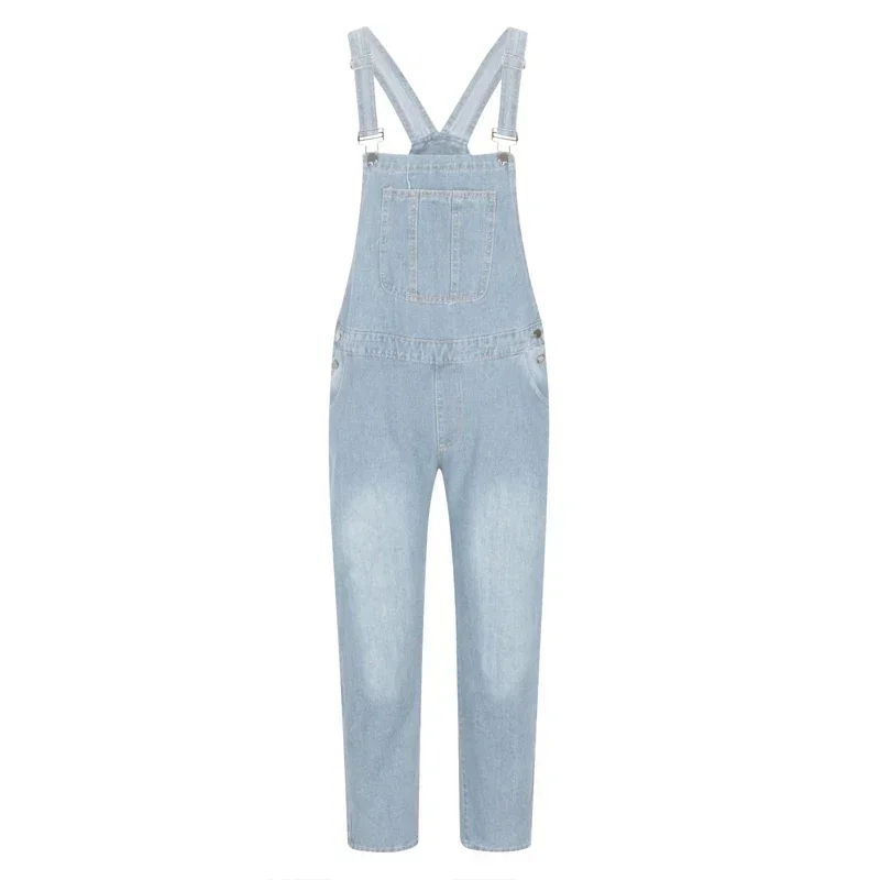 Spring/summer men's jeans small leg suspenders one-piece high-waisted solid color plus size personality blue long suspenders