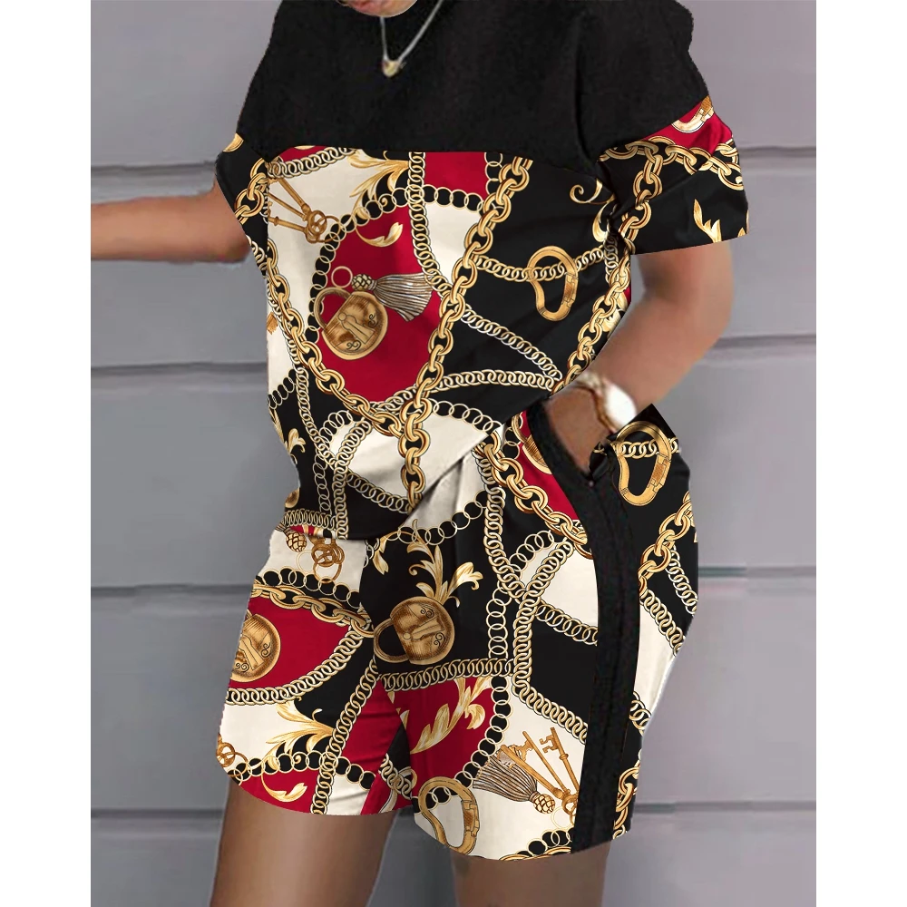Women Queen Letter Print Top & Colorblock Shorts Set Female O-Neck Short Sleeve 2 Piece Casual Summer 2023 Outfits Clothing
